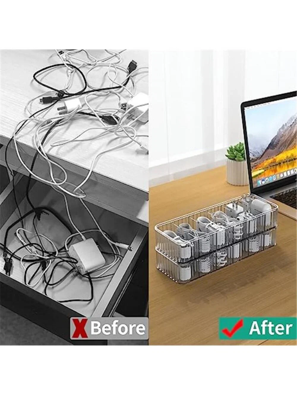Cable Organizer Box Stackable Cord Storage Case Charger Wire Holder With Ties
